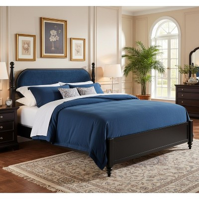 Queen Size Platform Bed Frame with Soft Velvet Upholstered Headboard & Solid Wood Frame, Black+Navy Blue - ModernLuxe | Target
