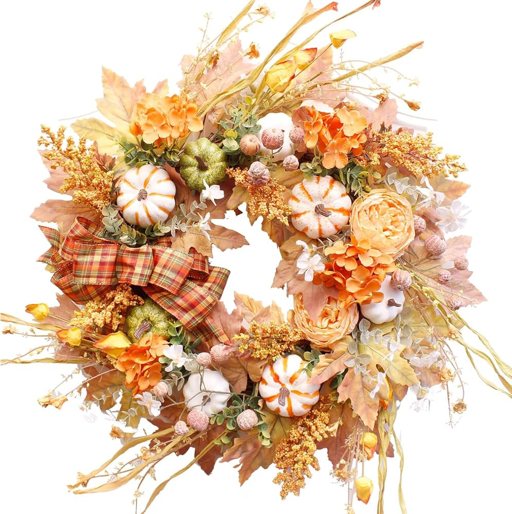 WANNA-CUL 24 Inch Fall Wreath for Front Door with Orange Hydrangea Flowers and Pumpkins-Fall Deco... | Amazon (US)