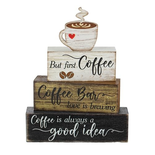 Moucuny 4 Pcs Wooden Coffee Bar Tabletop Decor Coffee Tiered Tray Decor Rustic Wood Bar Sign Gift Farmhouse Table Centerpiece Farmhouse Decorations for Home Kitchen | Amazon (US)