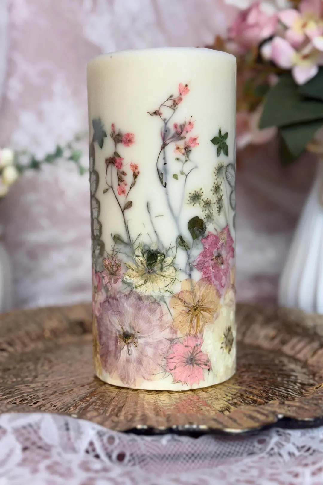 Pink/cream 3.5-inch X 7-inch Pressed Flower Pillar Candle: 7" Botanical Soy Wax Candle - Etsy | Etsy (US)