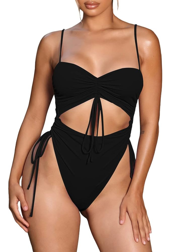 Viottiset Women's Cut Out Drawstring One Piece Swimsuit Cheeky High Cut Bathing Suit | Amazon (US)