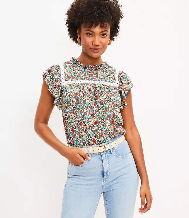Floral Lacy Flutter Sleeve Top | LOFT