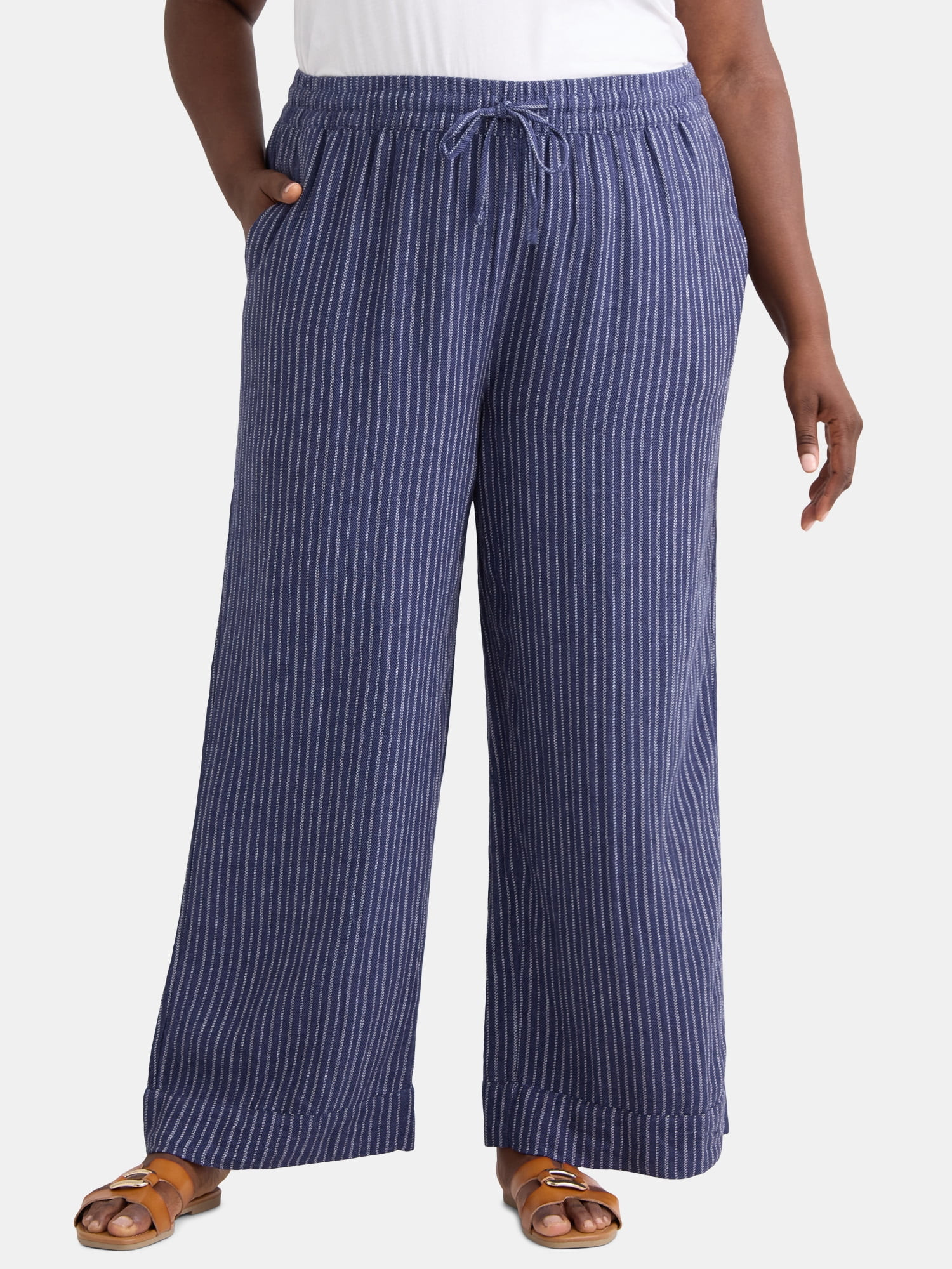Time and Tru Women's and Women's Plus Wide Leg Linen Blend Pants, 29" Inseam, Sizes XS-4X | Walmart (US)