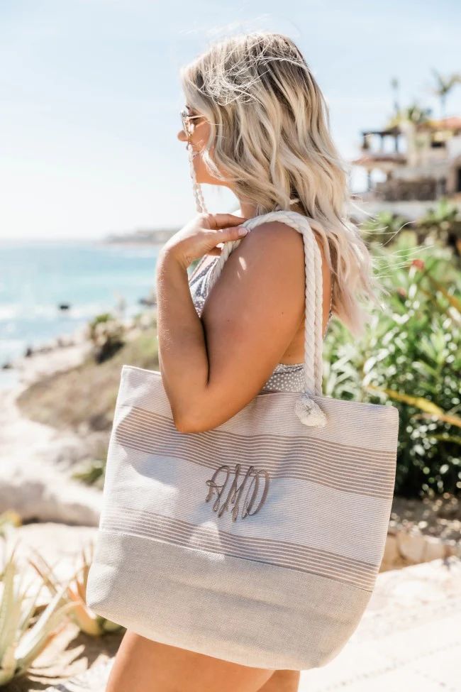 Planning For Sunshine Monogrammed Striped Taupe Bag | The Pink Lily Boutique