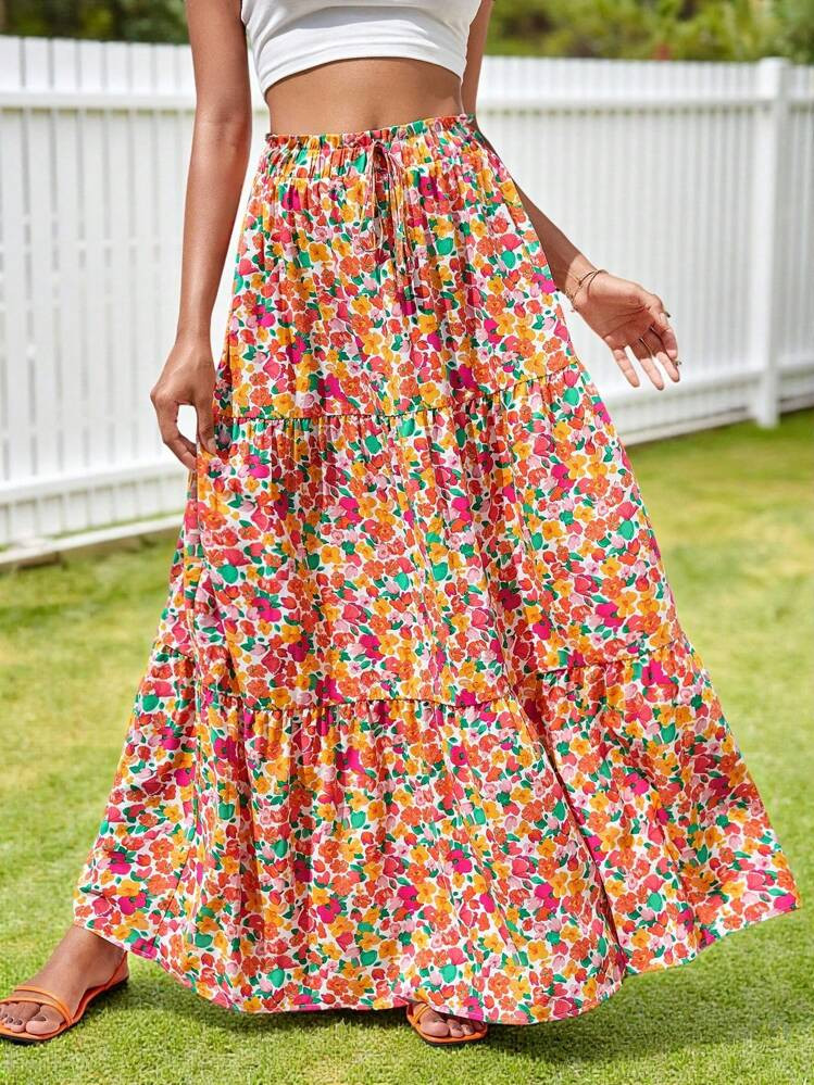 KARISMINA Allover Floral Print Ruffle Hem Skirt,For Summer Vacation,Women Summer Clothing | SHEIN