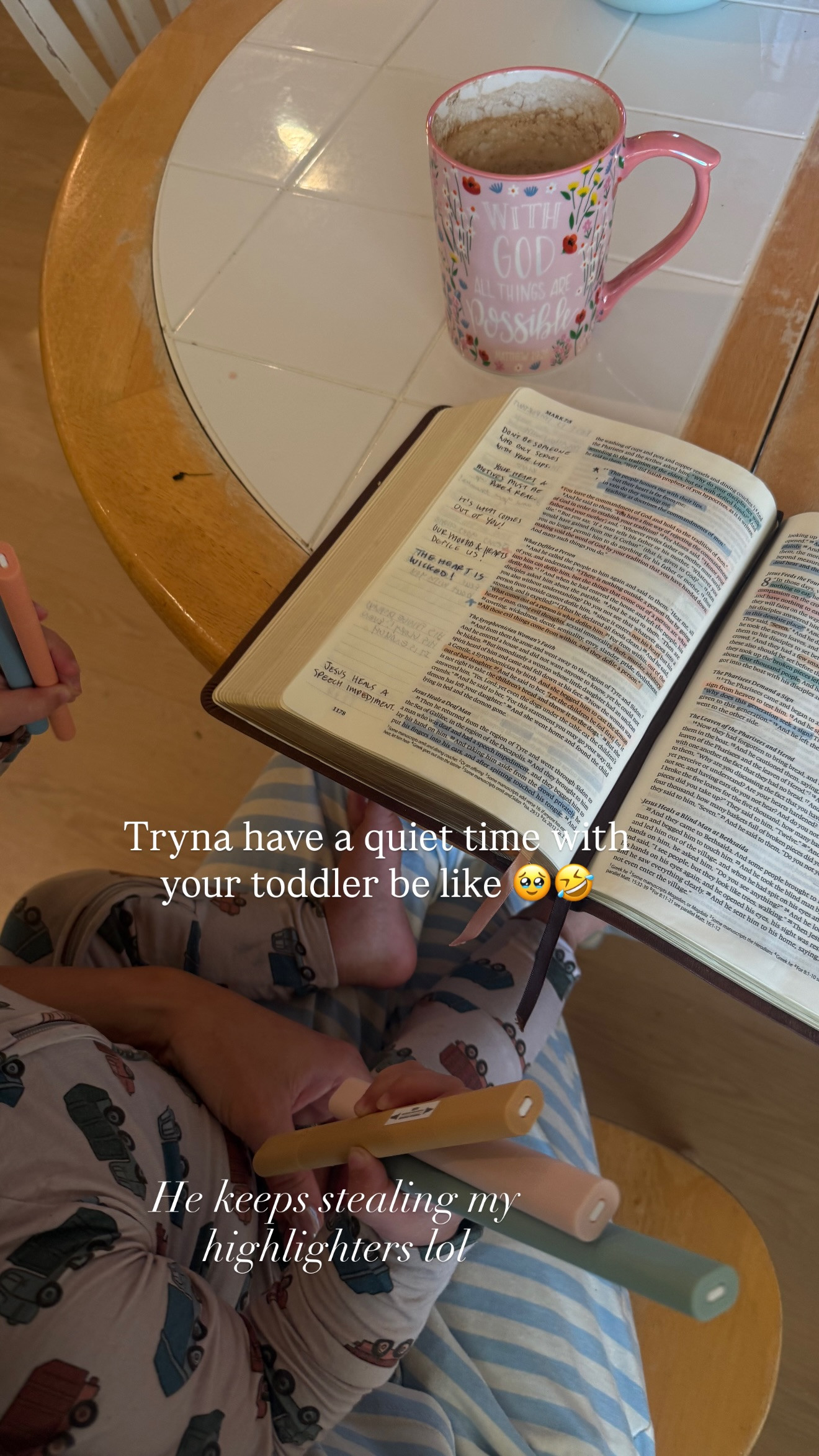 What Bible study as a mom can look like some days! He kept trying to steal my highlighters! 

Linking similar floral mugs!

#LTKmomlife #LTKstorytime #LTKselfcare