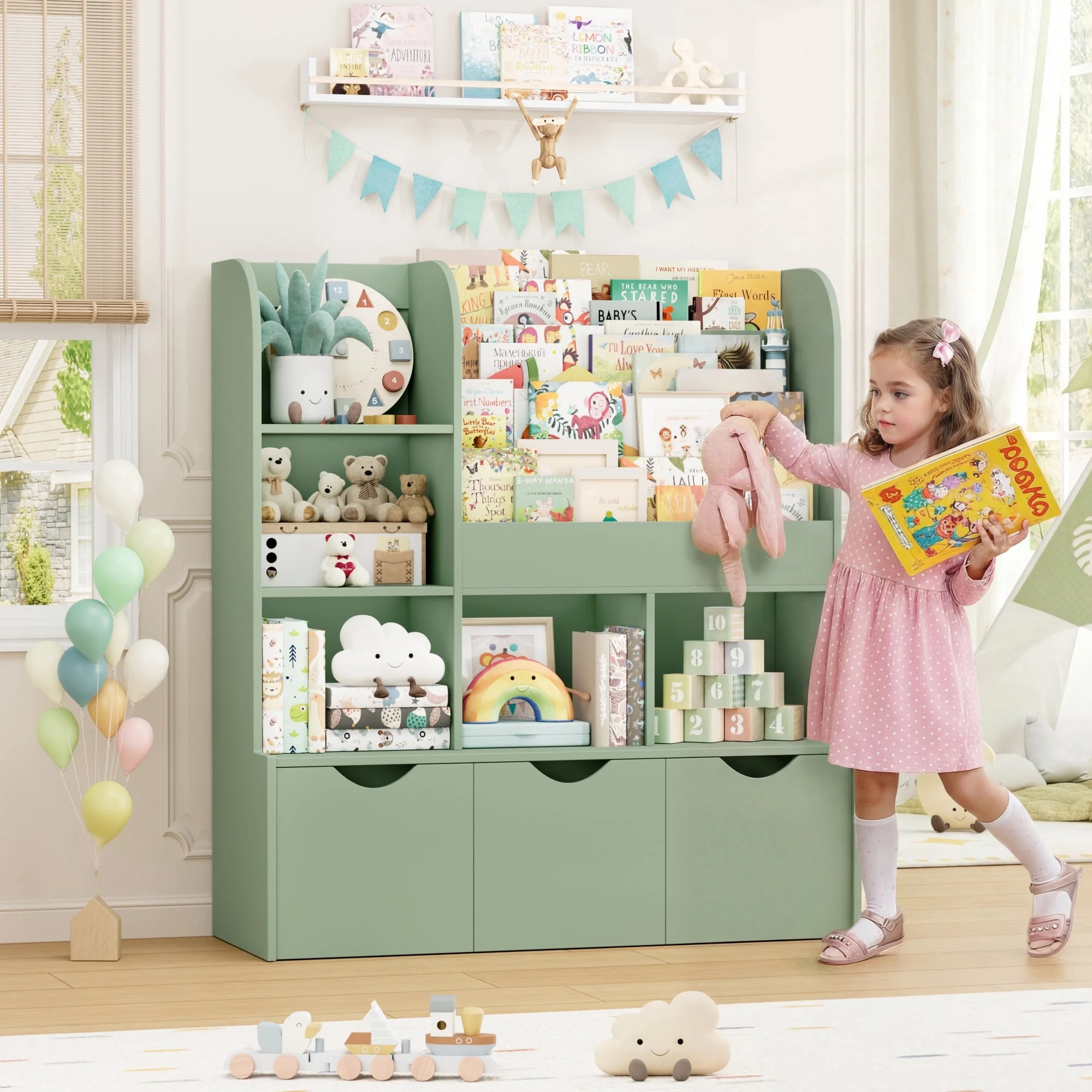 Homfa 42.5''W Kid's Bookcase, Bookshelf with 5 Storage Cubbies & 3 Movable Drawers & Toy Display ... | Walmart (US)