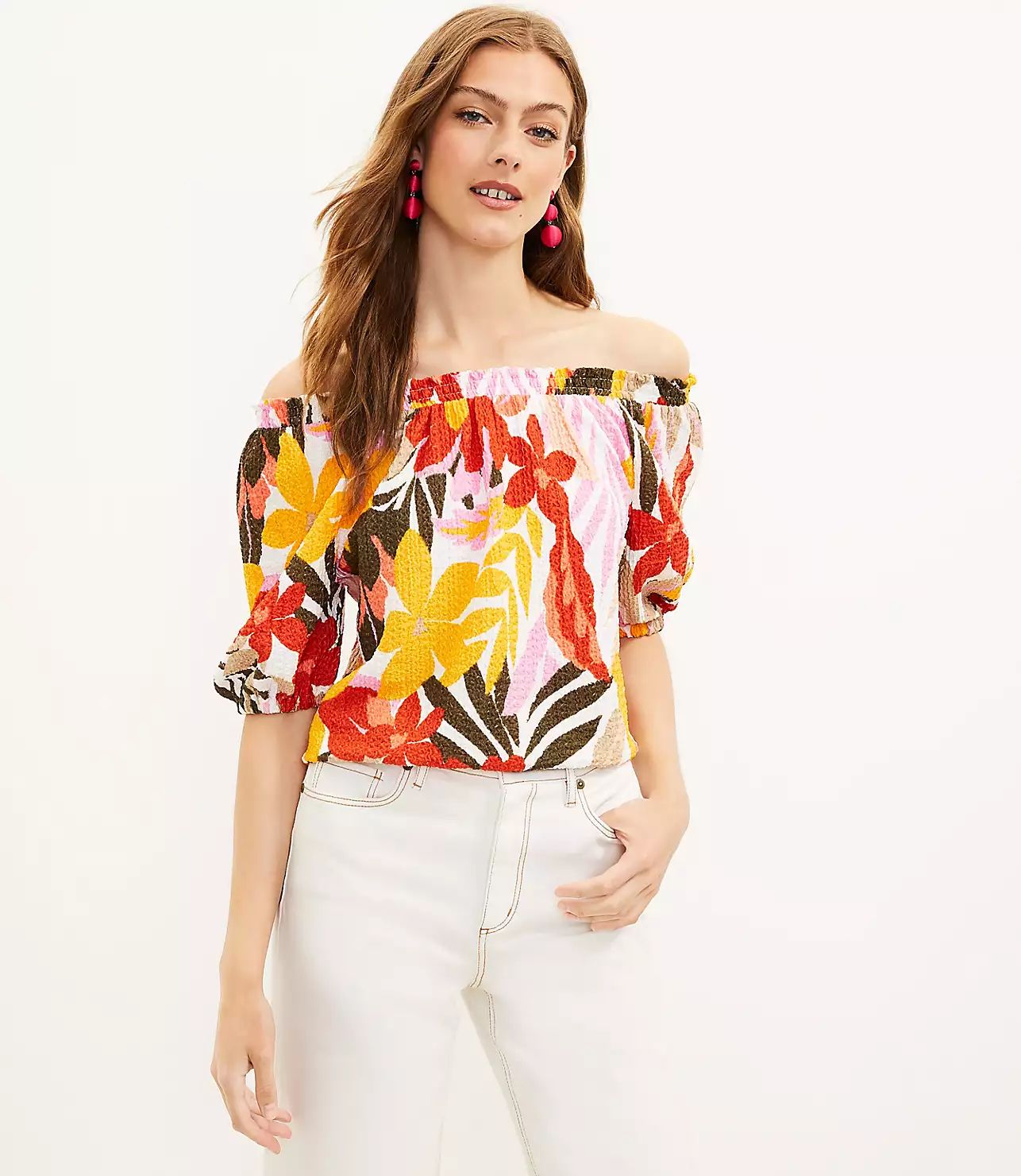 Tropical Textured Off The Shoulder Top | LOFT