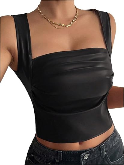 SOLY HUX Camiseta sin mangas de piel sintética con cuello cuadrado para mujer, ajustada, ajustad... | Amazon (US)