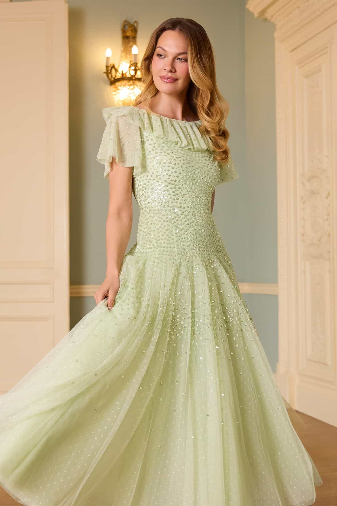 Sunrise Sequin Short Sleeve Ankle Gown | Needle & Thread