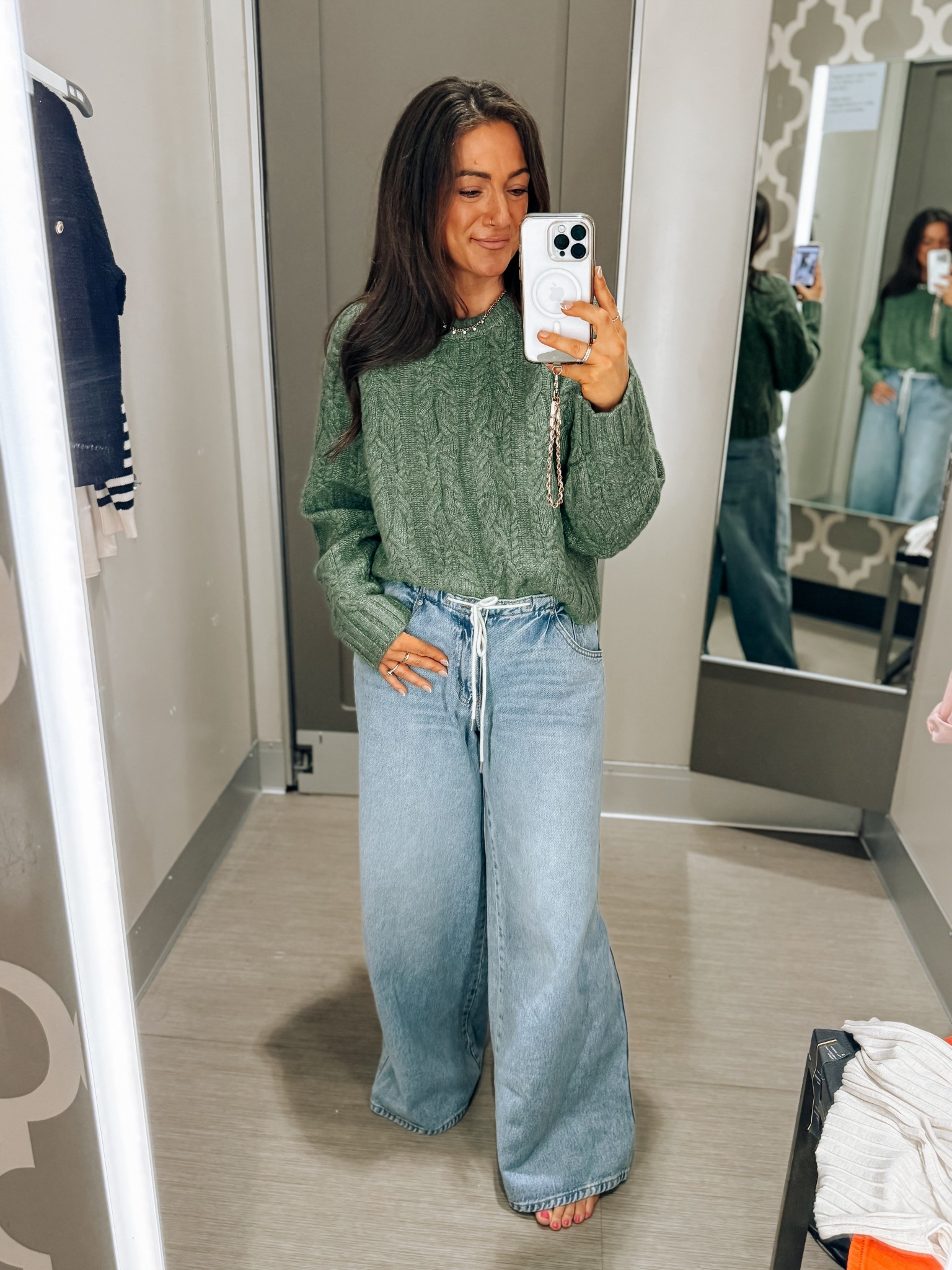 Low rise drawstring jeans 👌 on trend for sure! Love this cable knit sweater for Fall!! It will even be perfect for going into the holidays-Thanksgiving outfit or Christmas outfit! Would love it paired with a satin maxi skirt and boots 😍 would look cute for winter layered with a vest too 

#LTKFindsUnder50 #LTKPetite #LTKStyleTip