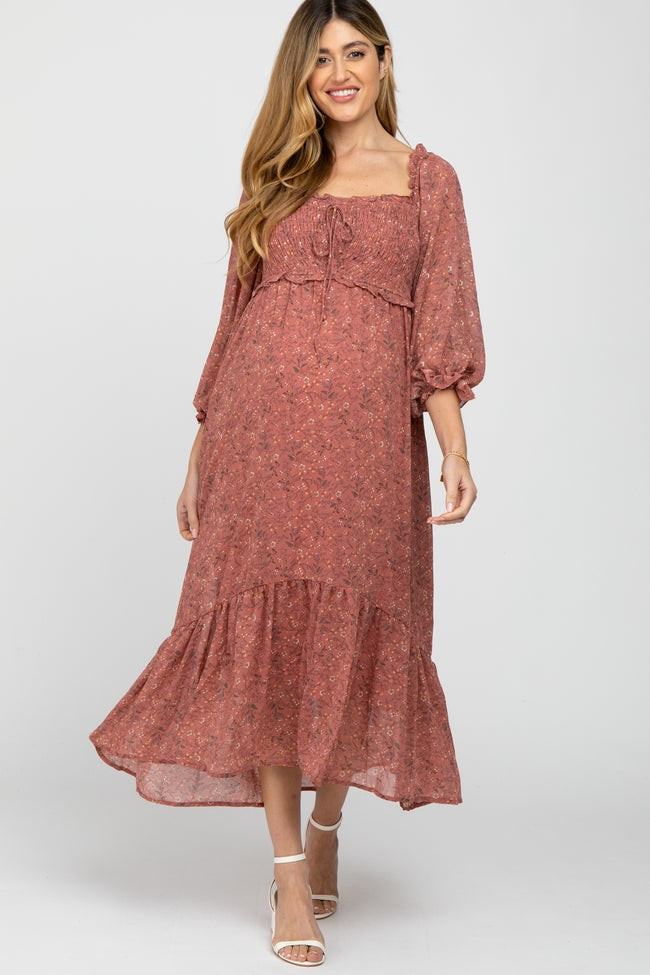 Mauve Floral Smocked 3/4 Sleeve Maternity Dress | PinkBlush Maternity