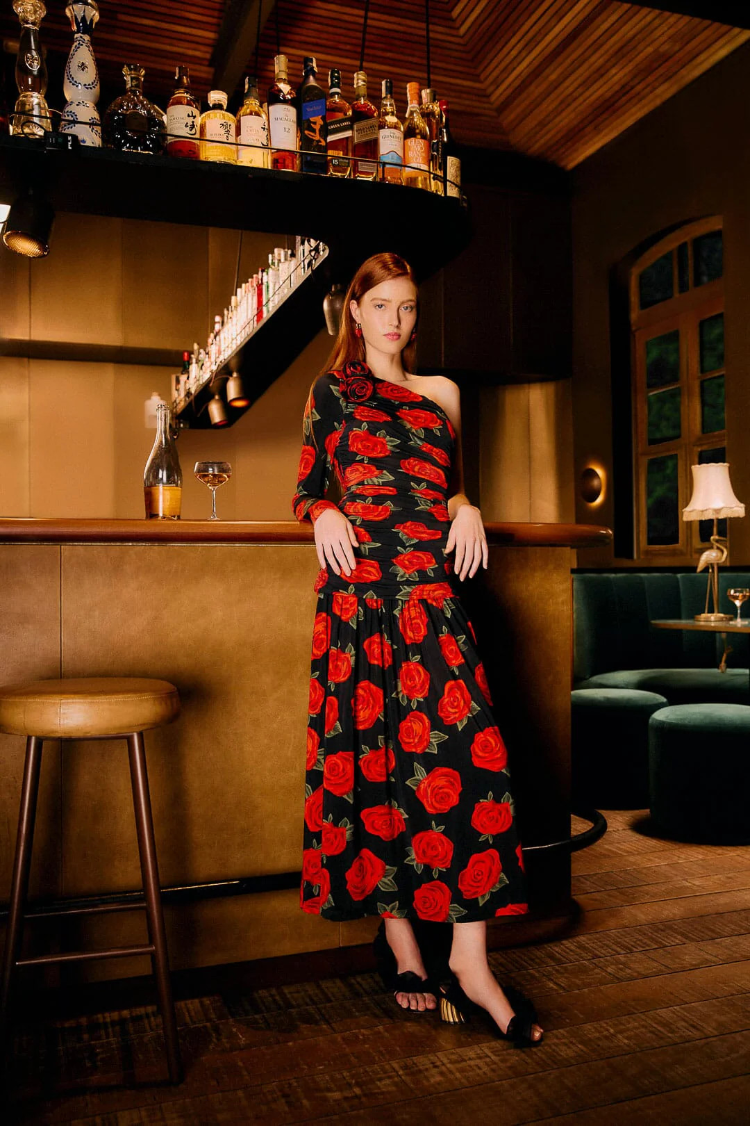 Black Latin Roses 3d Flower One-Shoulder Draped Maxi Dress | FARM Rio | FarmRio (US)