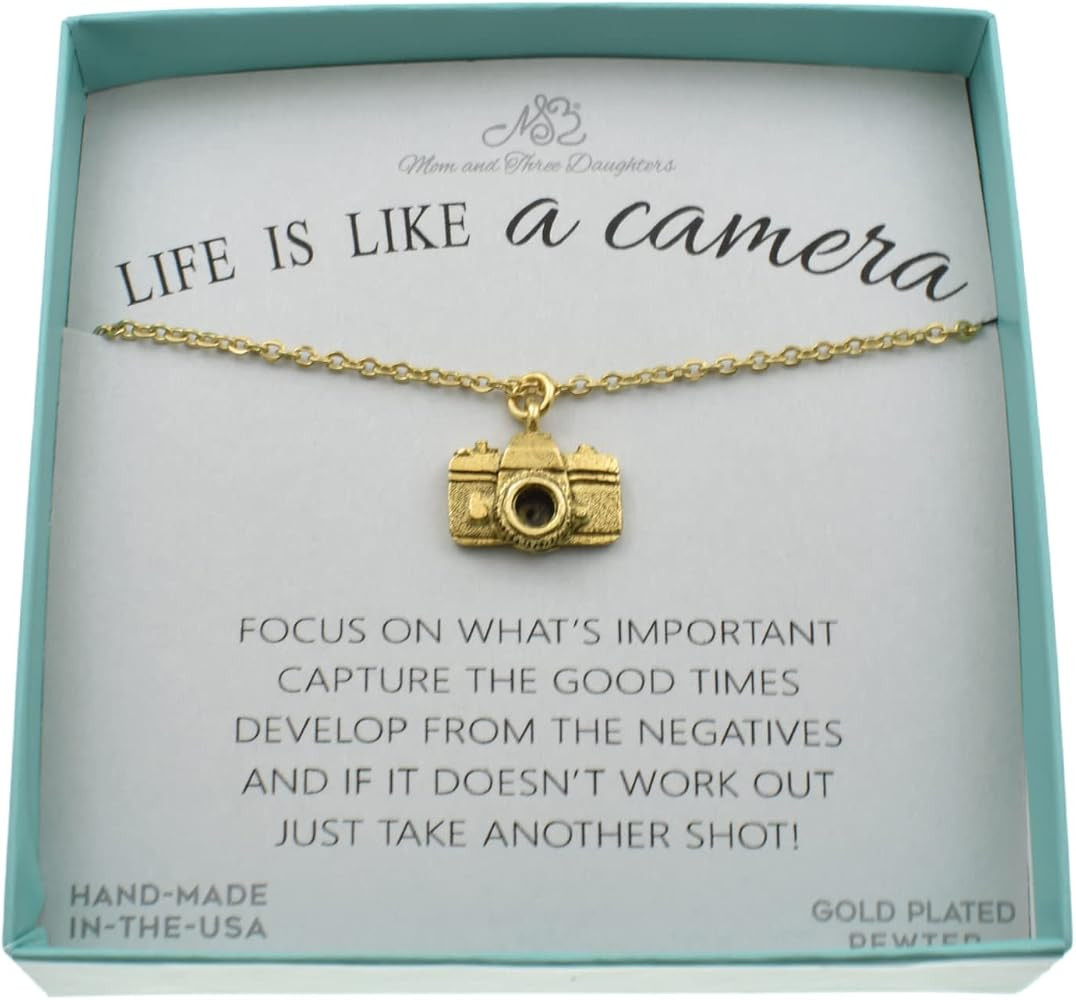 MOM & THREE DAUGHTERS Camera Necklace in Gold Plated Pewter | 18 Inch Stainless Steel Cable Chain... | Amazon (US)
