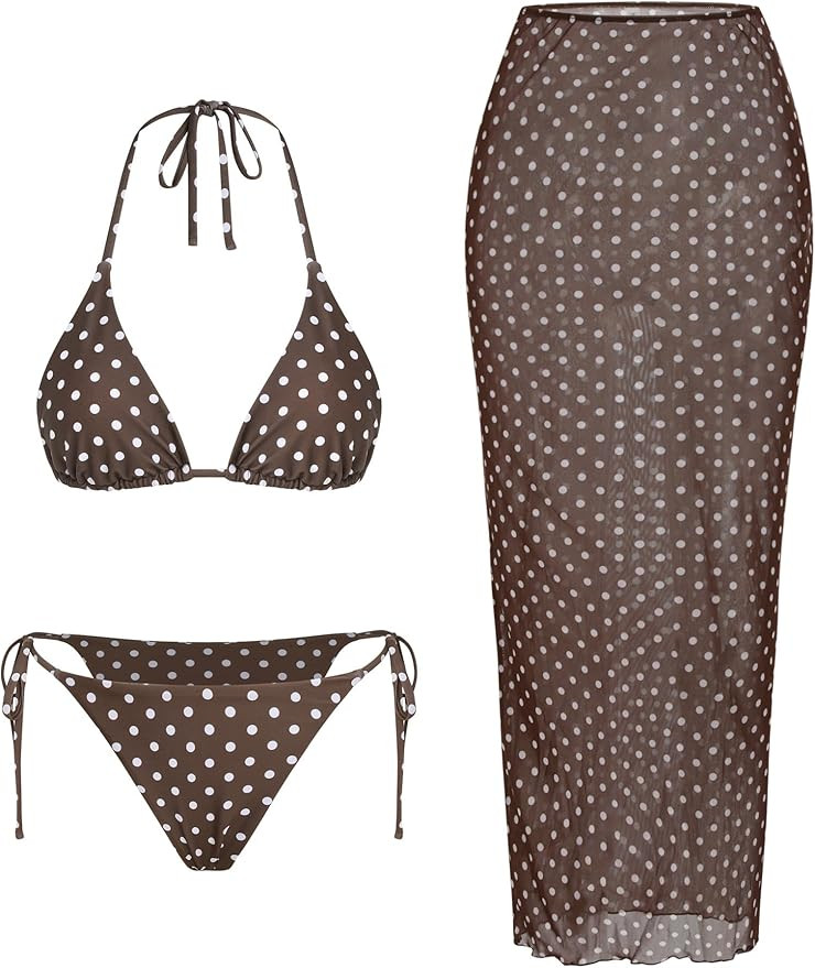 ZAFUL Womens 3pcs Swimsuit Floral Halter Triangle Bikini Top Tie Side Bottom with Long Sheer Cove... | Amazon (US)