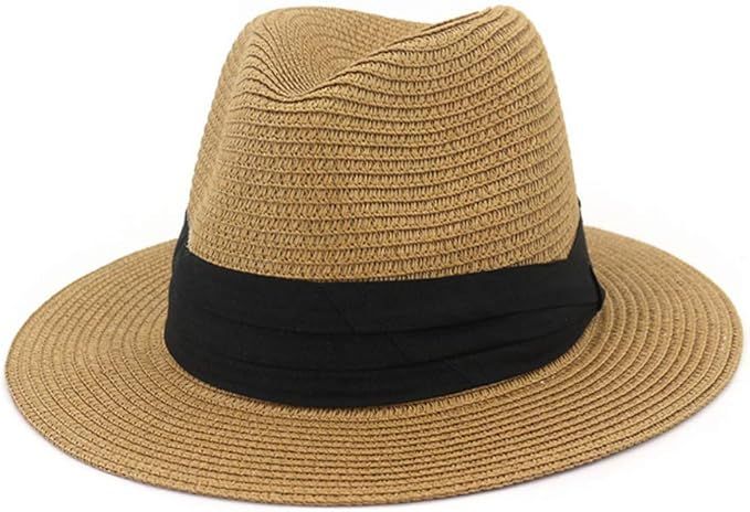 HUDANHUWEI Man and Woman's Wide Brim Straw Panama Hat Fedora Beach Sun Hat with Band | Amazon (US)