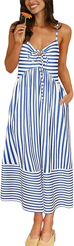 Fashionme Womens Summer Maxi Dresses 2026 Trendy Striped Vacation Boho Beach Spaghetti Strap Sund... | Amazon (US)
