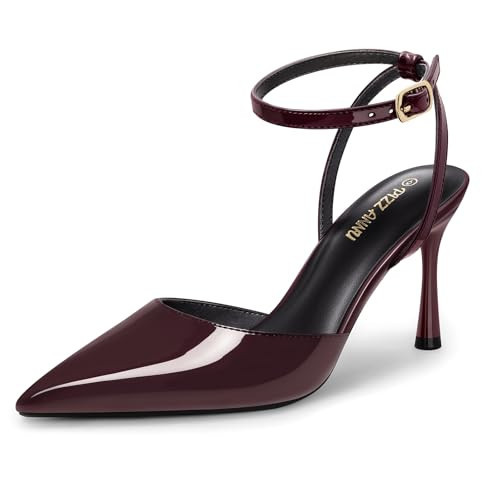 PIZZ ANNU Women's Cienna High Heels Pointed Toe Stiletto Ankle Strap Closed Toe Elegant Wedding Party Dress Sandals Pumps Shoes, Burgundy Patent 8 | Amazon (US)
