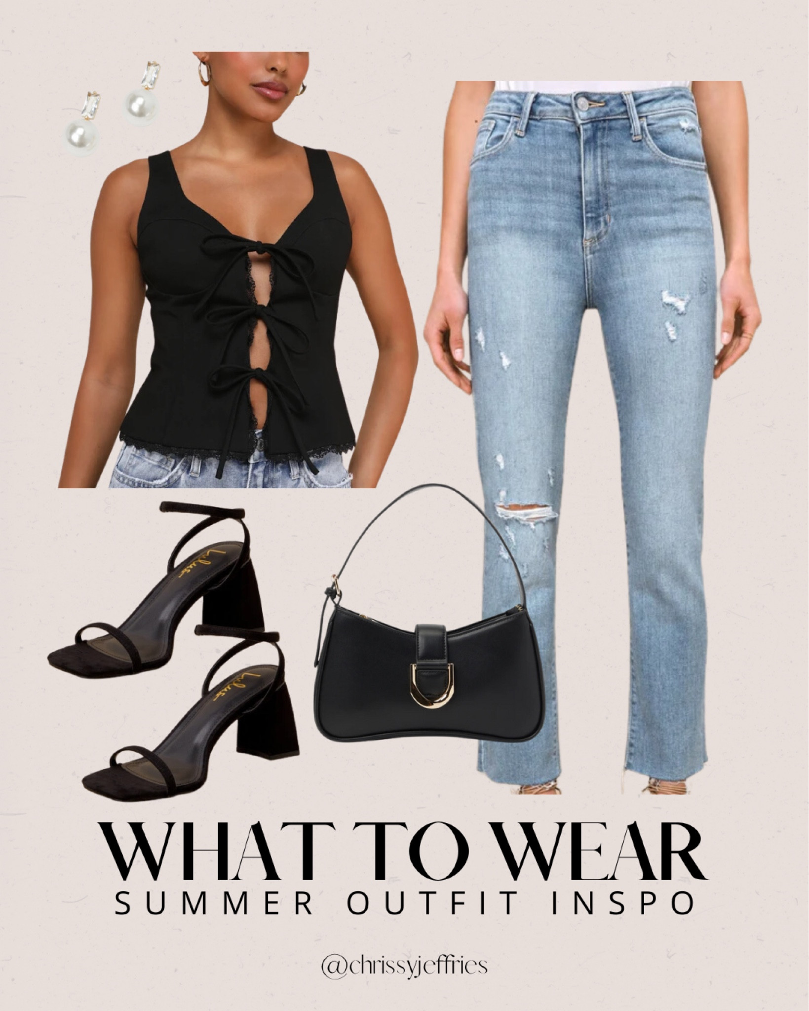 Elevate your summer style with this chic outfit inspiration! A sleek black top with trendy lace-up details paired with distressed denim creates a perfect blend of edgy and casual. Add elegant pearl earrings, strappy black heels, and a sophisticated black handbag to complete the look. Perfect for a night out or a stylish day event, this outfit is a must-have for your summer wardrobe. 

#SummerOutfit #FashionInspo #ChicStyle #CasualChic #SummerFashion

#LTKsummer #LTKcanada