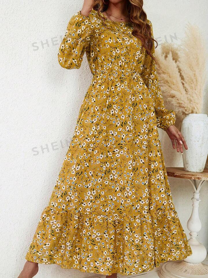 SHEIN Clasi Women's Summer Long Sleeve High Waist Ruffle Dress With Ditsy Floral | SHEIN