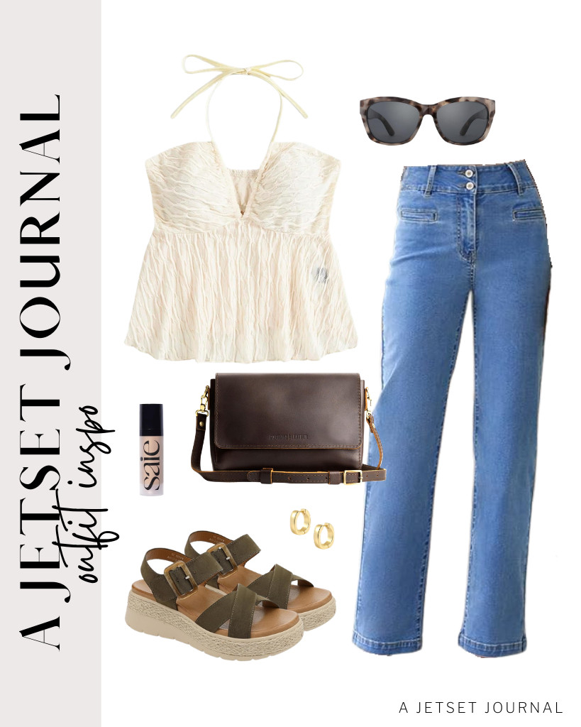 This apricot backless halter-neck top is a chic choice to pair with Sidefeel straight-leg jeans. You can use these UBFEN espadrille platform sandals and this cute crossbody bag from Portland. Finish this outfit with these classy sunnies from ZENOTTIC.

#LTKSeasonal #LTKSaleAlert #LTKTravel
 

 