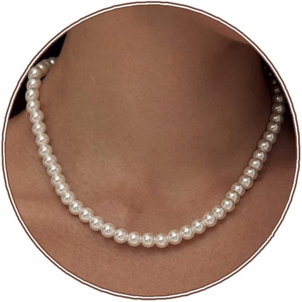 Pearl Necklace 6/8MM Dainty Round Imitation Pearl Choker Necklace Wedding Pearl Necklace Delicate... | Amazon (US)
