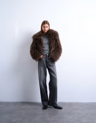 Faux mongolian fur bomber coat in chocolate | Topshop
