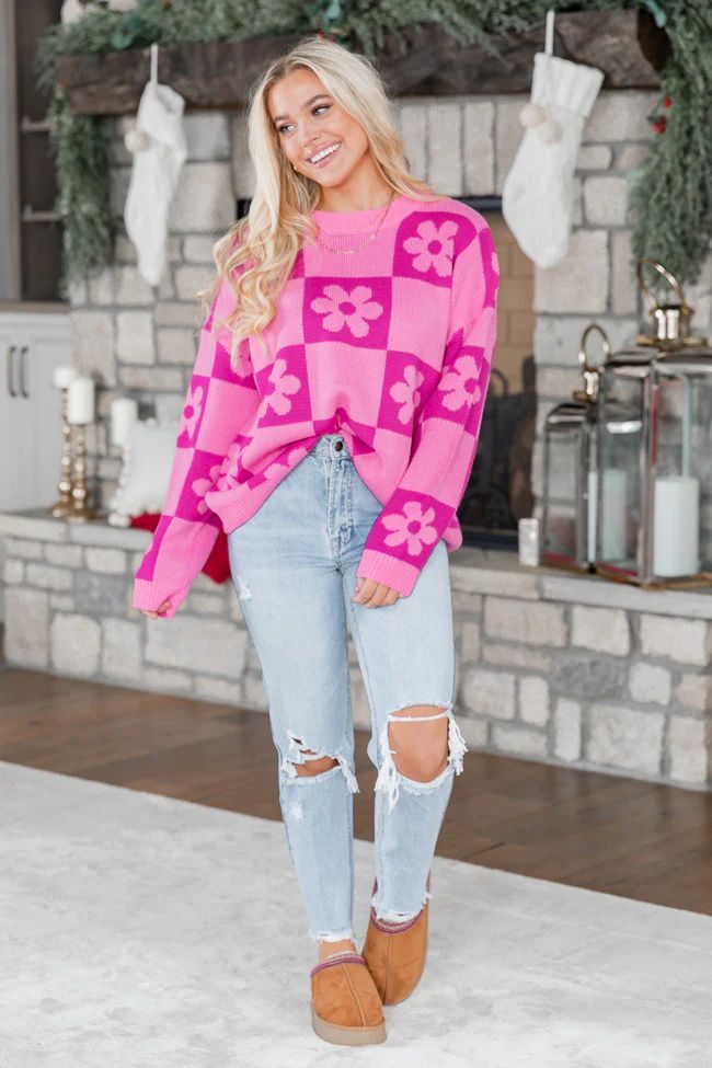 Found A New Way Pink And Berry Checkered Flower Sweater DOORBUSTER | Pink Lily