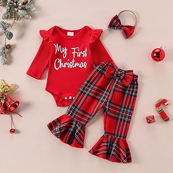 My First Christmas Baby Girl Outfit Letter Print Long Sleeve Romper Plaid Bell Bottoms Set Winter... | Amazon (US)