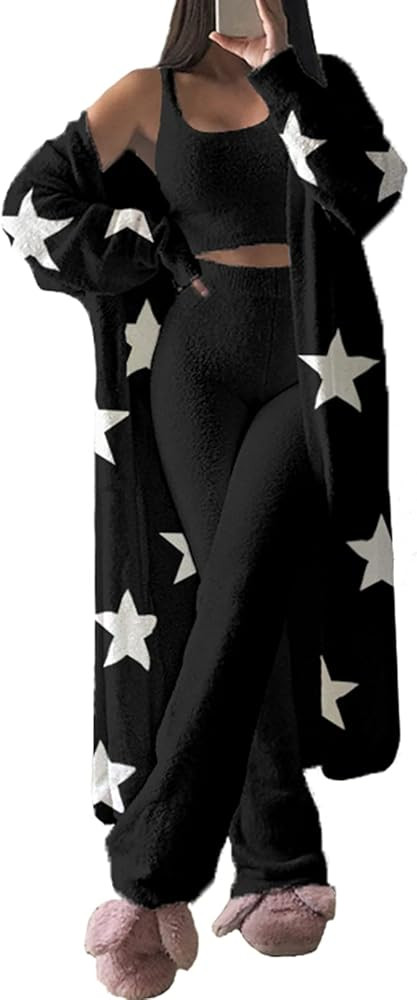 Women's Fuzzy 3 Piece Sweatsuit Open Front Cardigan Crop Tank Tops Wide Legs Pants Lounge Sets | Amazon (US)
