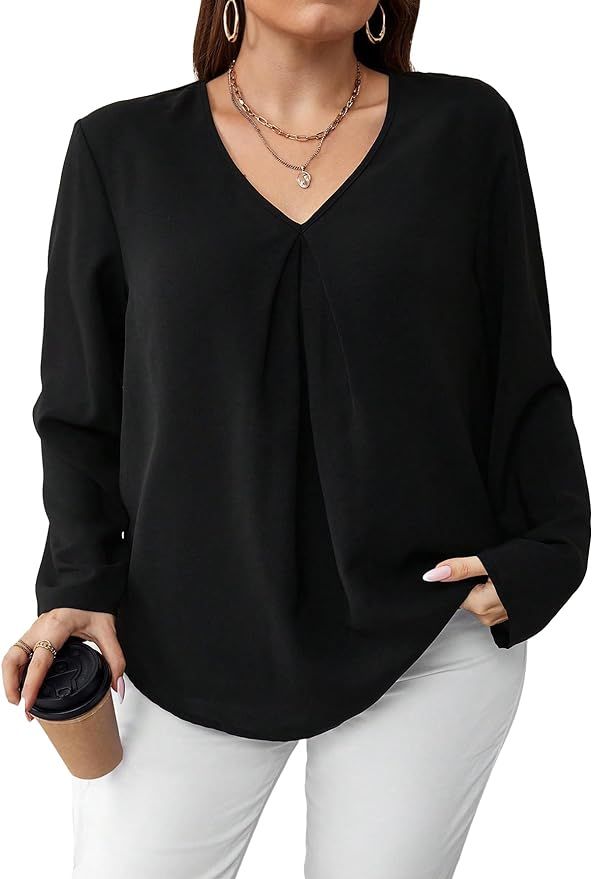 SOLY HUX Women's Plus Size V Neck Long Sleeve Solid Casual Blouse Tops | Amazon (US)
