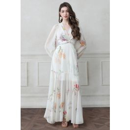 Watercolor Botanical Printed Crisscross Cutout Self-Tie Chiffon Maxi Dress | Chicwish