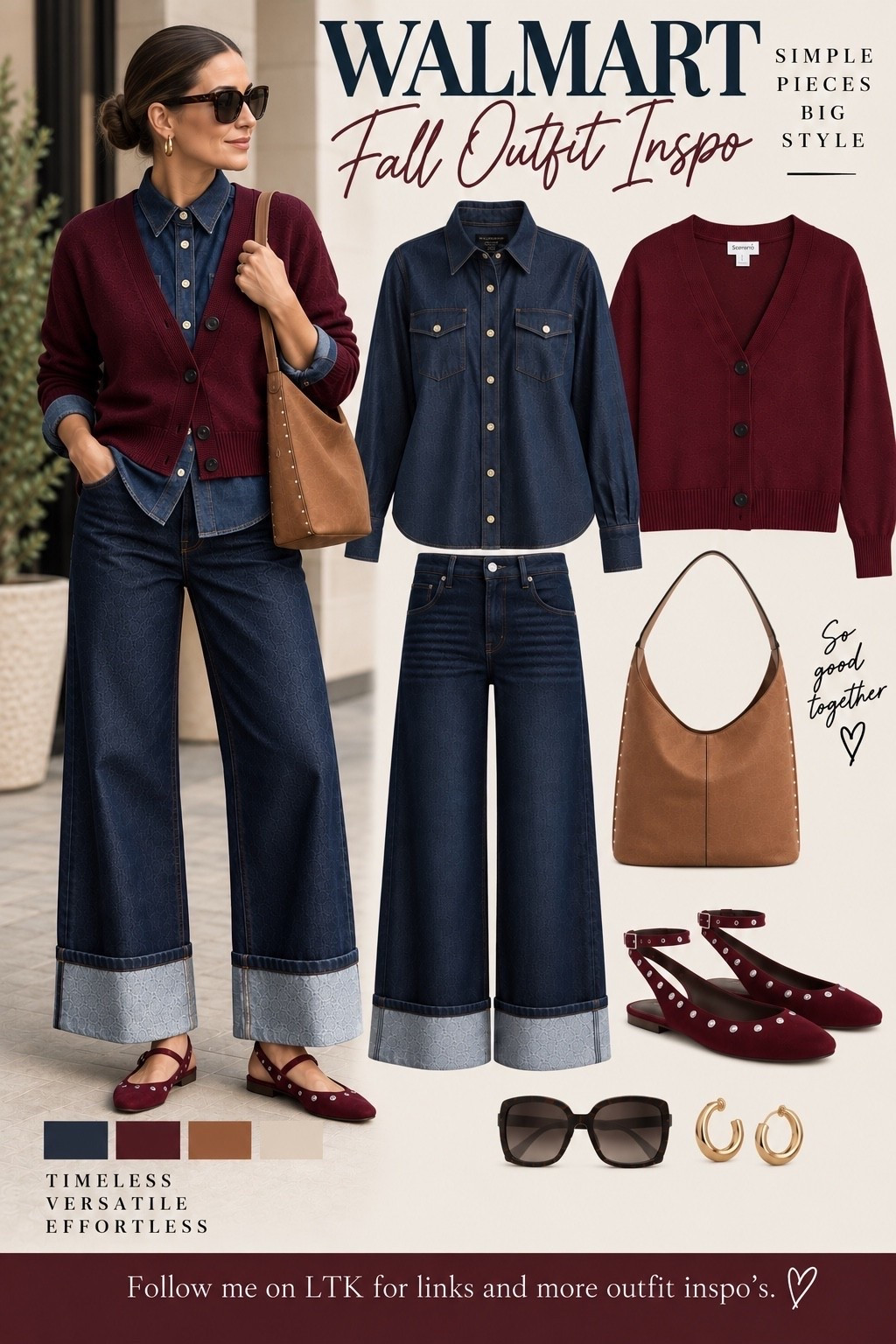 Denim on denim, but make it fall. The burgundy cardigan and studded slingbacks bring just enough personality to the blues, while that warm cognac bag keeps everything grounded. It’s a little preppy, a little unexpected, and exactly the kind of outfit that makes getting dressed fun. All Walmart finds. #WalmartFashion #WalmartFinds #FallOutfitInspo #FallStyle #Over40Style #Over50Style #DenimStyle #AffordableStyle #ClassicStyle #LTKStyle

#LTKootd #LTKOver40 #LTKMidsize