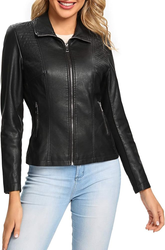 S P Y M Womens Faux Leather Jacket, Casual Fashion Quilted Zip Up Suede Coat With Elastic Rib | Amazon (US)