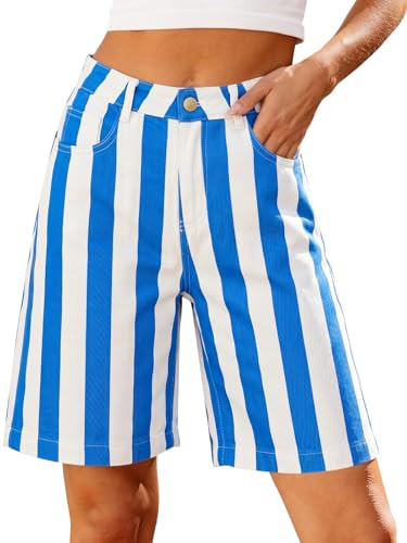 Tankaneo Womens Striped Bermuda Jean Shorts Summer Casual Trendy High Waisted Wide Leg Denim Jorts | Amazon (US)