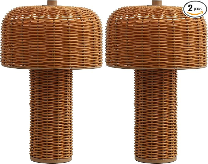 JONATHAN Y 10" Light Brown/Brown Modern Scandinavian Faux Wicker Rechargeable Table Lamp Set of 2... | Amazon (US)