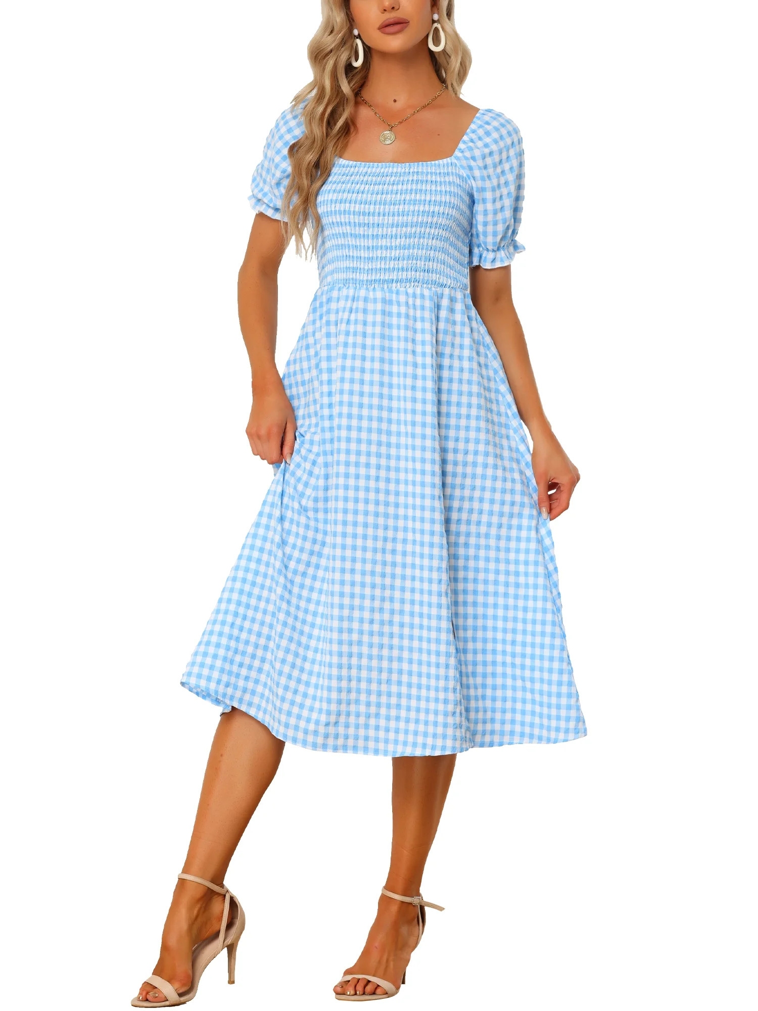 Allegra K Smocked Dress for Women's Puff Sleeve Square Neck Gingham Midi Dresses | Walmart (US)
