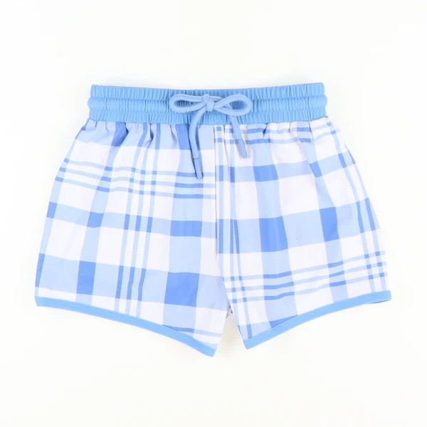 Ocean Blue Plaid Swim Trunks | Southern Smocked Co.