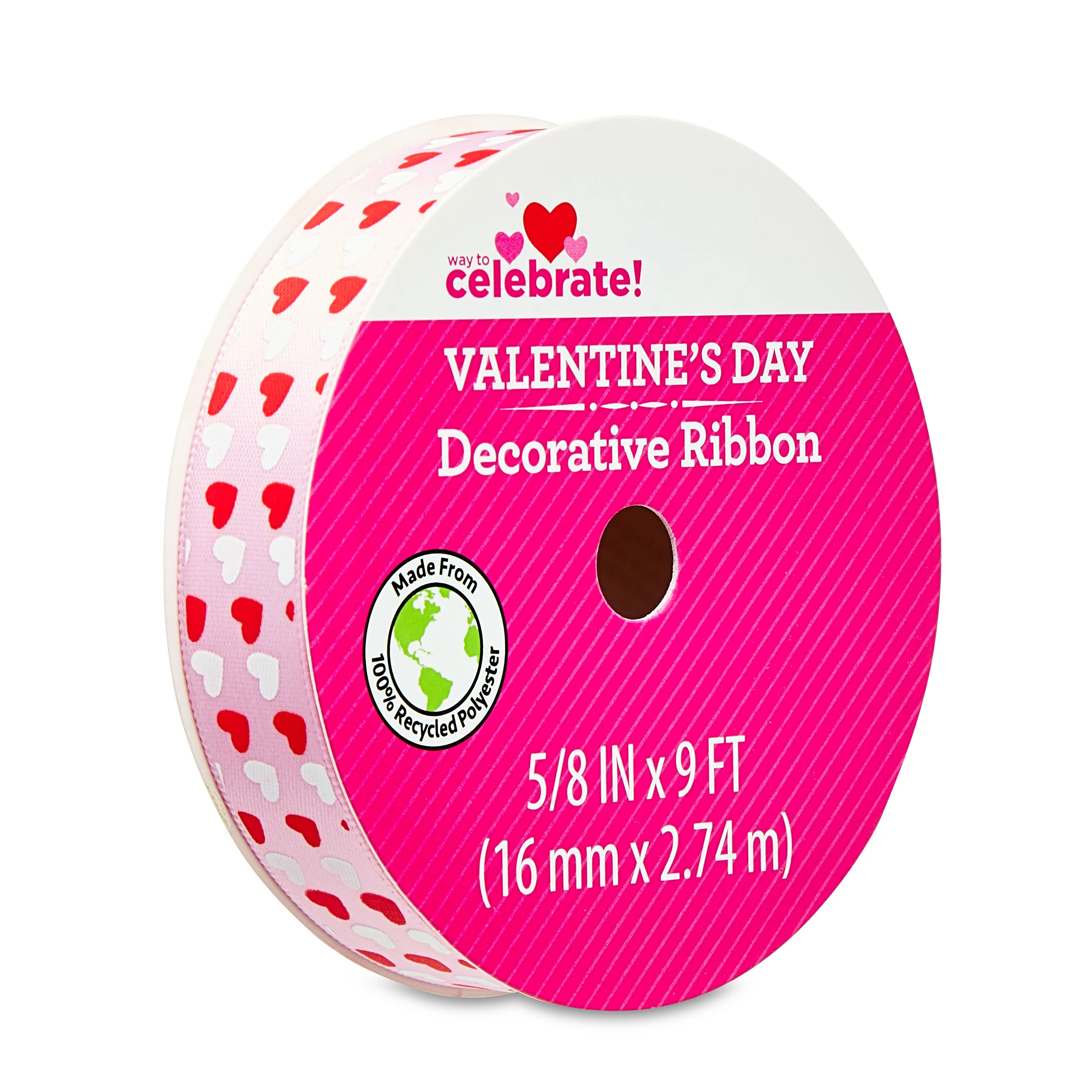 Valentine's Day Pink, White & Red Heart Decorative Ribbon, 5/8 in x 9 ft, by Way To Celebrate | Walmart (US)