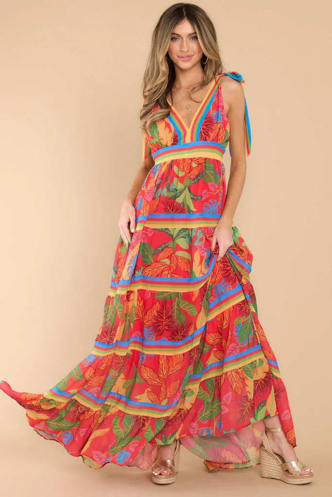 Flow Like Leaves Red Print Maxi Dress | Red Dress 
