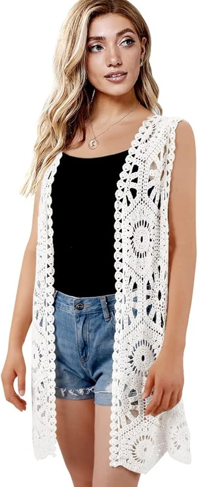Womens Floral Crochet Lace Boho Trim Sleeveless Open Front Vest Cardigan | Amazon (US)