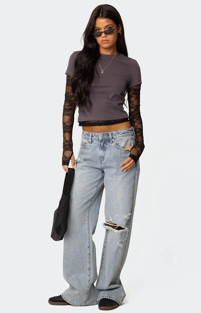 Edikted Women's Adam Distressed Wide Leg Jeans in Light Blue - Size Large | PacSun