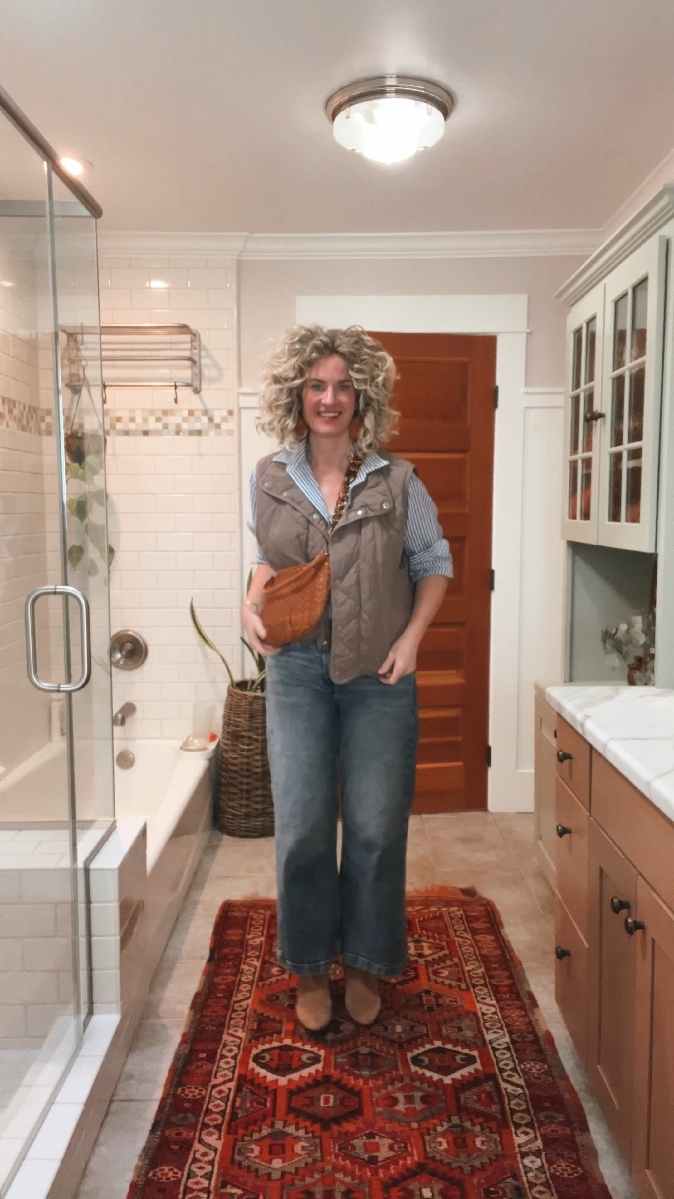 Easy outfit and the best vest
These gap jeans and free people vest make an easy outfit. I add this vest to lots of outfits and it’s so fun! The boots are so comfortable and bag is a splurge but I love it and use it all the time! Striped shirt is thrifted from the men’s section. ❤️