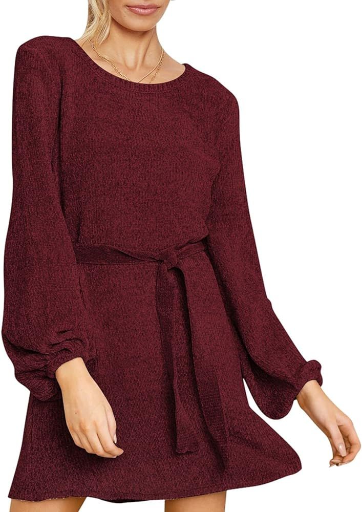 Women's Crew Neck Lantern Sleeve Self Tie Waist Mini Sweater Dress Red XL at Amazon Women’s Clo... | Amazon (US)