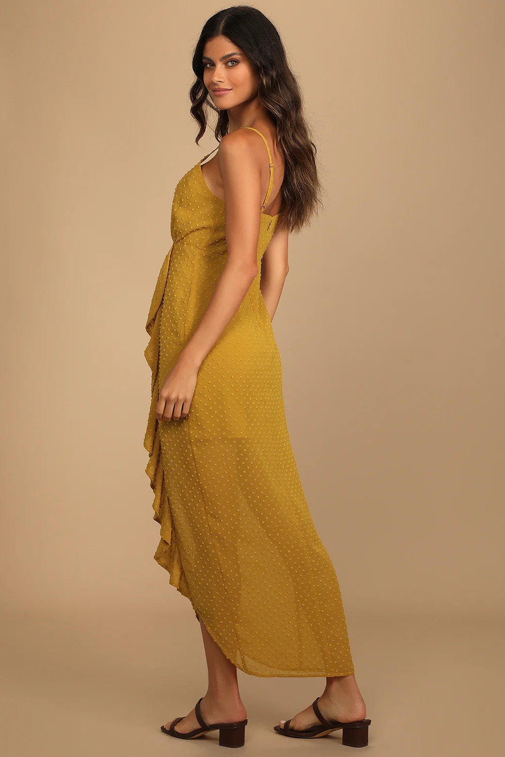 For Us to Dance Mustard Yellow Swiss Dot Ruffled Midi Dress | Lulus (US)