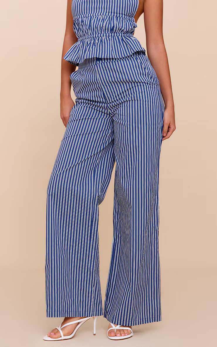 Indigo Stripe Woven Mid Rise Wide Leg Trouser | Co-ords | PrettyLittleThing UK