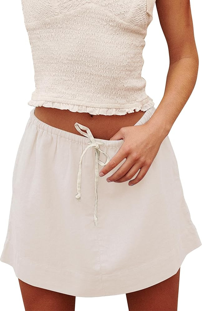 MISSACTIVER Women Cotton Linen Drawstring Mini Skirts Casual Low Waist Mini Skirt Solid A-line Sh... | Amazon (US)