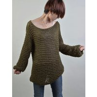 Simple Is The Best - Hand Knit Woman Sweater Eco Oversized Olive Green | Etsy (US)