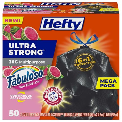 Hefty Ultra Strong 30 Gallon Trash Bags, Large Trash Bags, Multipurpose, Break Resistant Drawstring Closure, Resists Leaks, Punctures, and Tears, Black, Fabuloso Watermelon Scent, 50 Bags | Amazon (US)