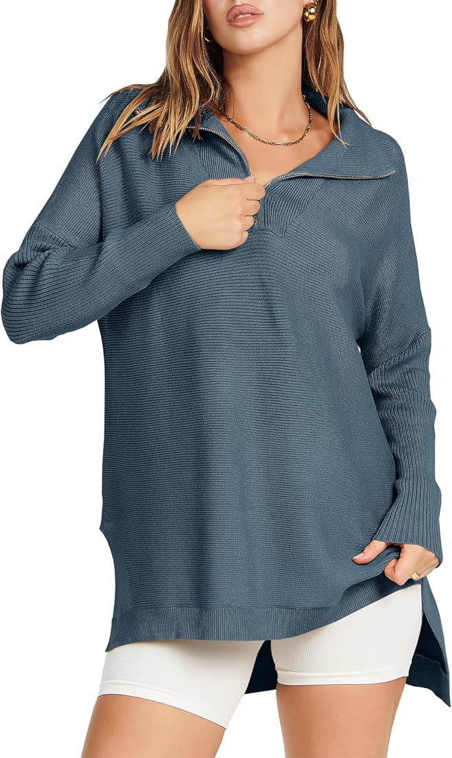ANRABESS Women's 2022 Long Sleeve 1/4 Zipper V Neck Collar Oversized High Low Slit Side Knit Tuni... | Amazon (US)